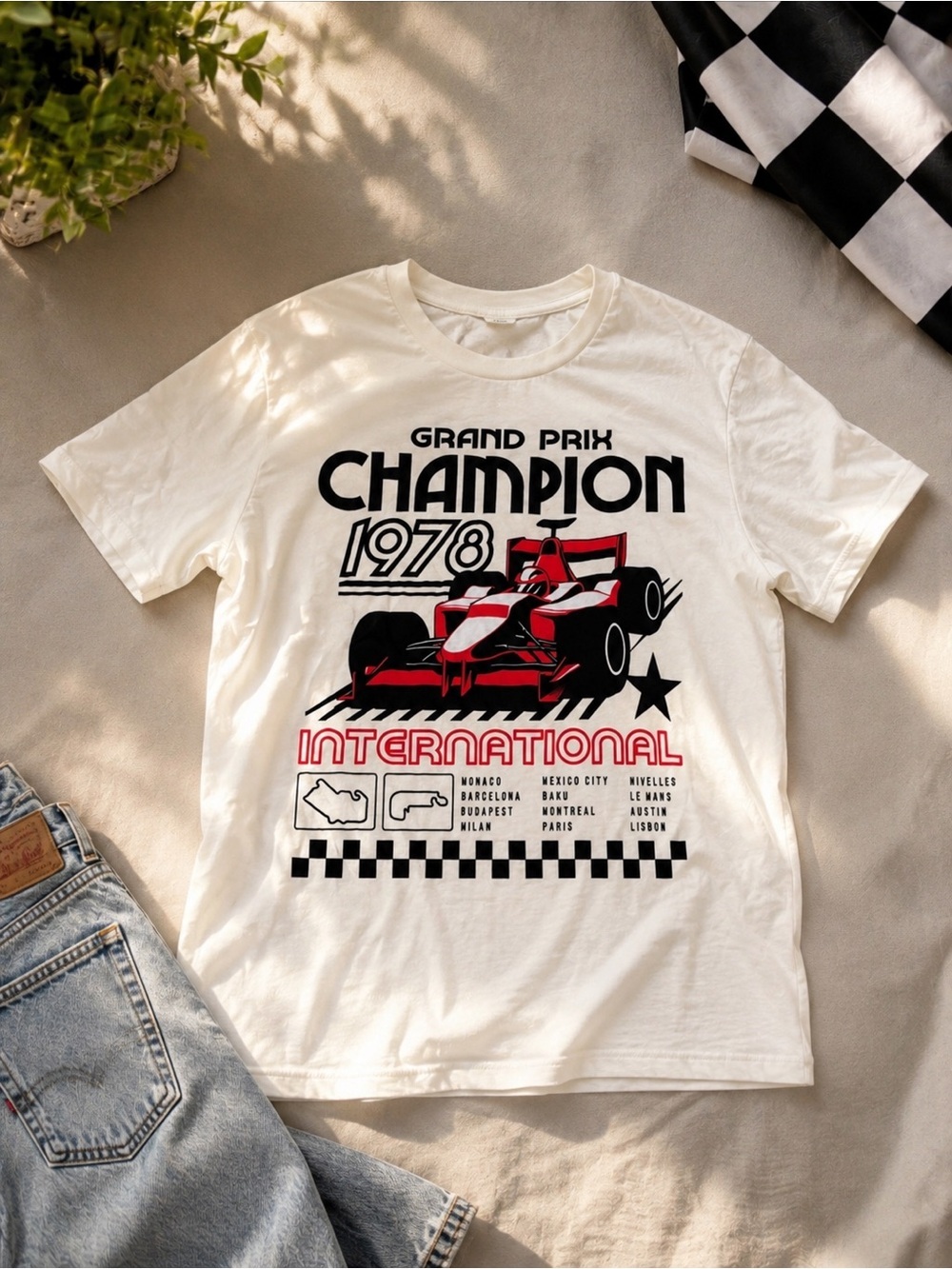 Love Tribe White Short Sleeve Tee with Red and Black Racing Graphic